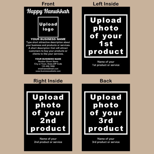 Svartvit visitkort för Business Hanukkah-Helgdag Helgkort (Black folded holiday card for Hanukkah with your business brand and products or services.)