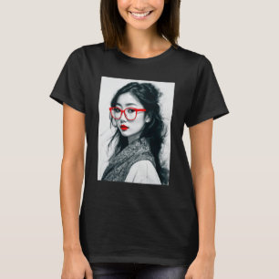 Svartvit vit asiatisk Dam Porträtt, röd Läppar och T Shirt