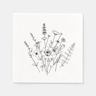 Svartvit, vit Blommigt i hand plockade Pappersservett