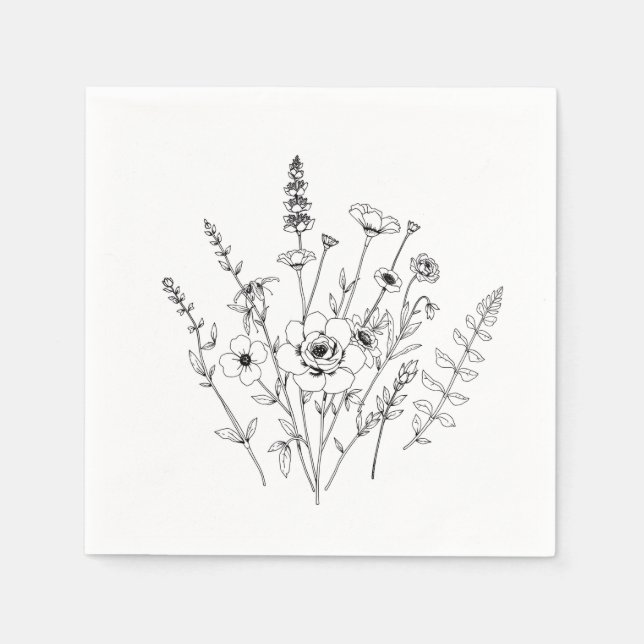 Svartvit, vit Blommigt i hand plockade Pappersservett (Framsidan)