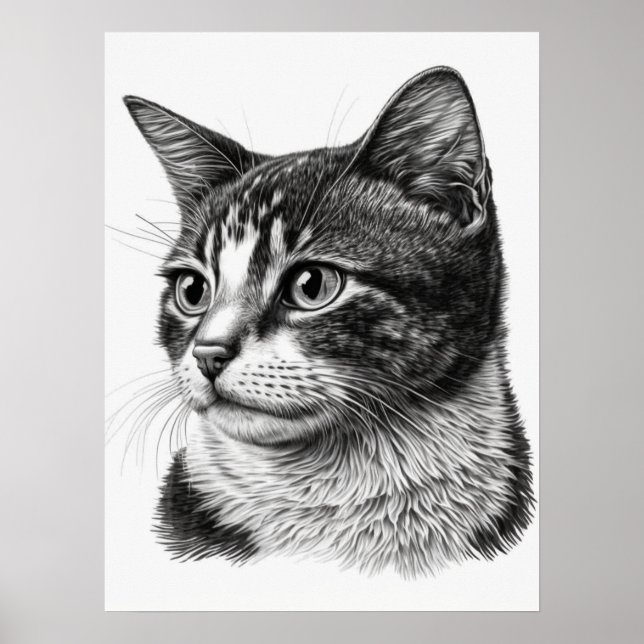 Svartvit vit katt Porträtt Poster (Framsidan)