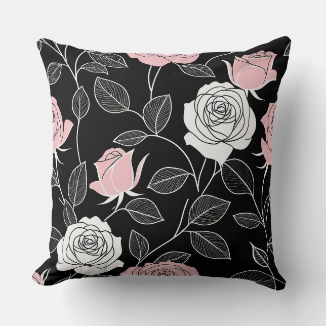 Svartvit, vit och rosa ros Pillow Kudde (Framsida)