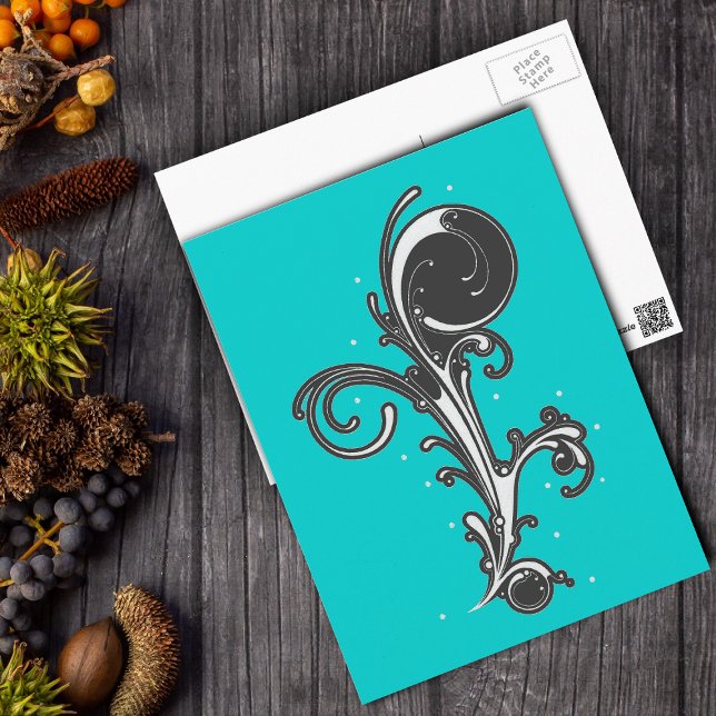 Svartvit vykort för Rullans utformning (Abstract classy design of black and white fancy scroll on bright aqua blue postcard.)