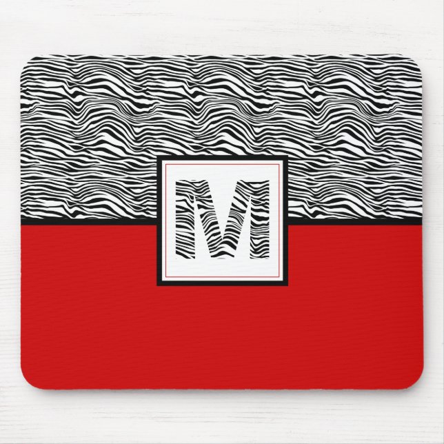 Svartvit Zebra tryck Monogram | Röd Musmatta (Framsidan)