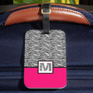 Svartvit Zebra tryck Monogram   SHOCK ROSA Bagagebricka