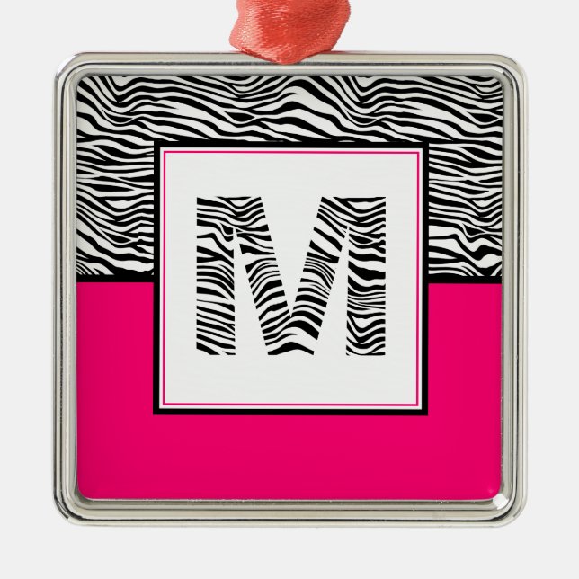 Svartvit #Zebra tryck Monogram | SHOCK ROSA Julgransprydnad Metall (Framsidan)