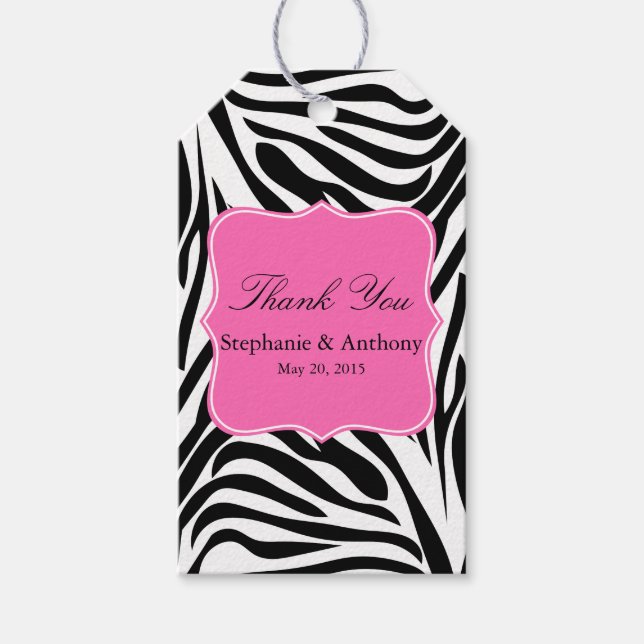 Svartvit Zebra tryck och Shock rosa Tack Presentetikett (Framsidan)