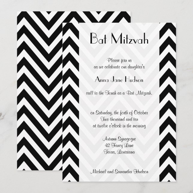Svartvit Zigzag Mönster, Bat mitzvah Inbjudningar (Fram/baksida)