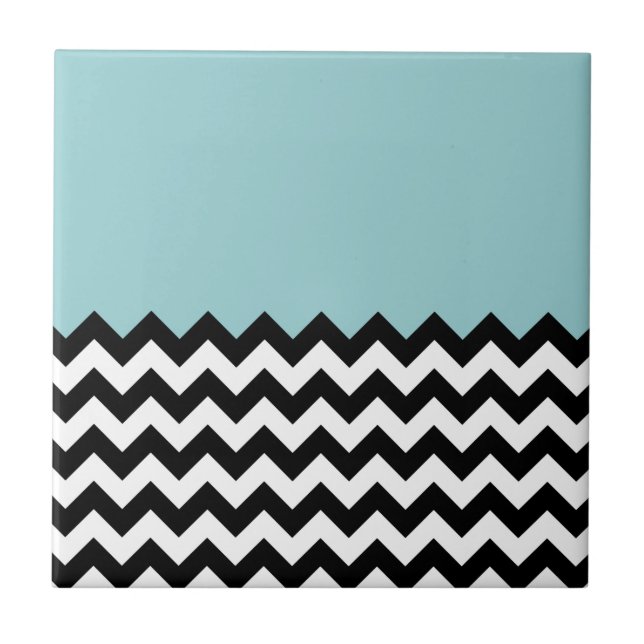 Svartvit Zigzag Mönster, Chevron, Blue Kakelplatta (Framsidan)