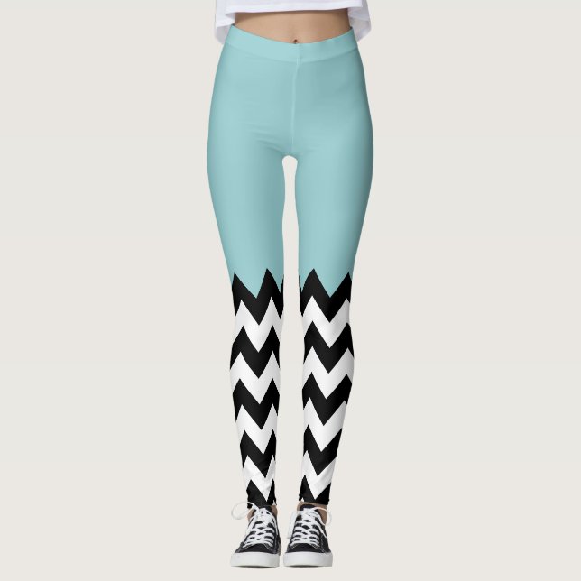 Svartvit Zigzag Mönster, Chevron, Blue Leggings (Framsida)