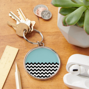 Svartvit Zigzag Mönster, Chevron, Blue Rund Silverfärgad Nyckelring