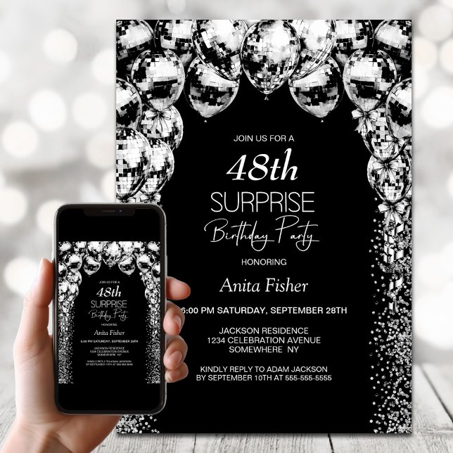 Svartvita ballonger i alla ålders överraskningsföd inbjudningar (Skapare uppladdad)