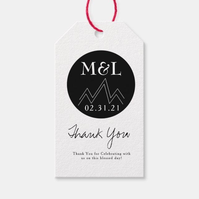 Svartvita berg i Bröllop Tack Presentetikett (Framsidan)