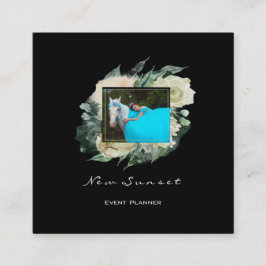 Svartvita Blommigtar för Photo Event Planner Black Fyrkantigt Visitkort