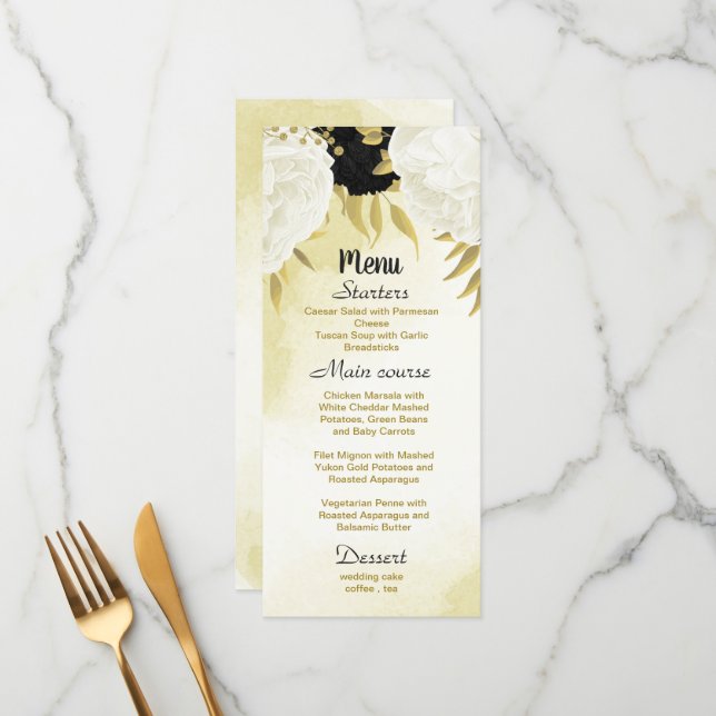 Svartvita blommor guld löv bröllop meny (Fram/Back In Situ)