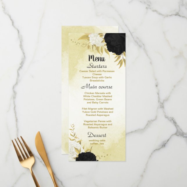 Svartvita blommor guld löv bröllop meny (Fram/Back In Situ)