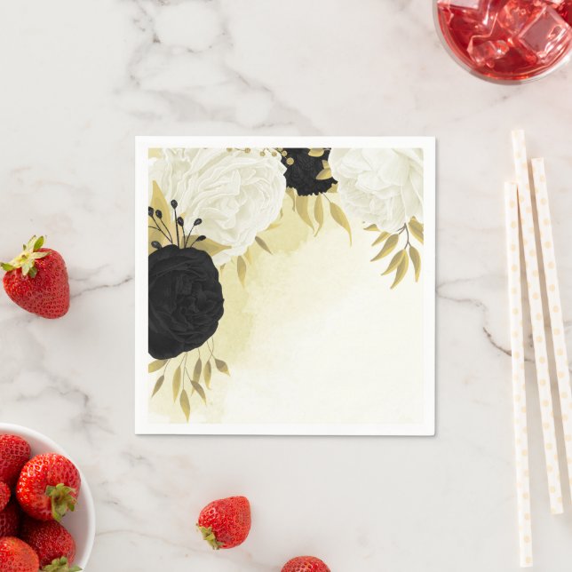 Svartvita blommor guld löv bröllop pappersservett (Insitu)