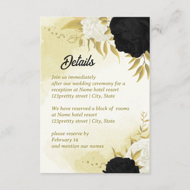 Svartvita blommor guld löv tilläggskort (Framsida)