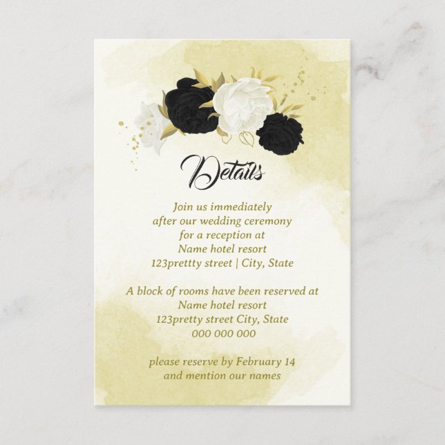 Svartvita blommor guld löv tilläggskort (Framsida)