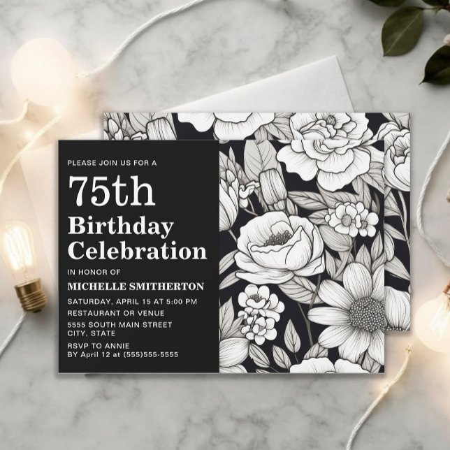 Svartvita blommor Kvinnors födelsedag i 75:e Inbjudningar (Black and white 75th birthday party invitation)