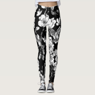 svartvita blommor leggings