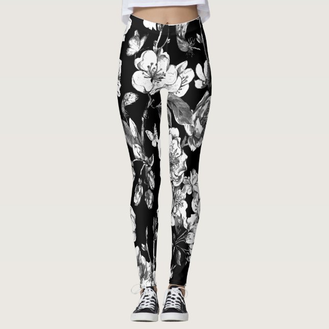 svartvita blommor leggings (Framsida)
