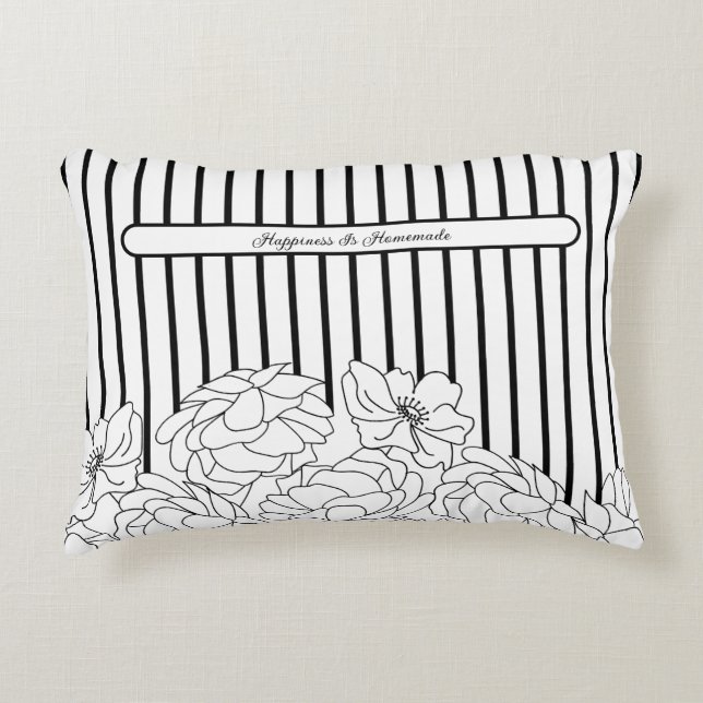 Svartvita blommor med Rand Prydnadskudde (Framsidan)