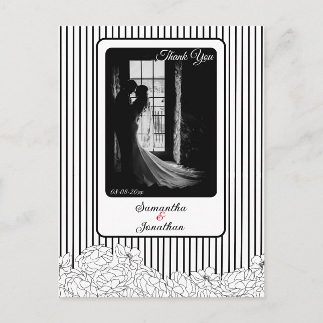 Svartvita blommor med Rand Tack Vykort (Framsida)