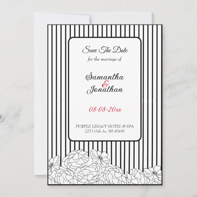 Svartvita blommor på Rand Spara datum Inbjudningar (Framsida)