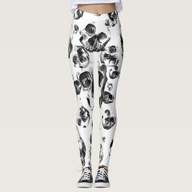 Svartvita Döskallar Skeleton Skull Art Mönster Leggings (Framsida)