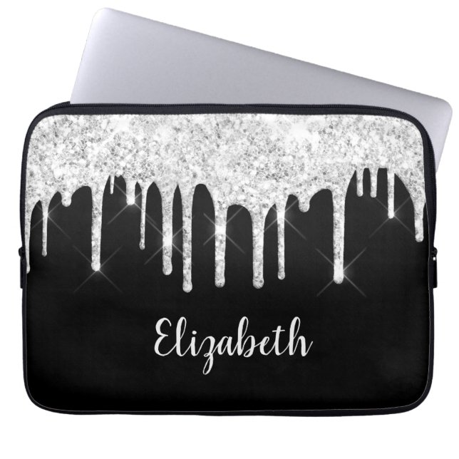 Svartvita droppar Glitter Silver Monogram Laptop Fodral (Framsidan)