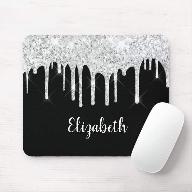 Svartvita droppar Glitter Silver Monogram Musmatta (Med mus)