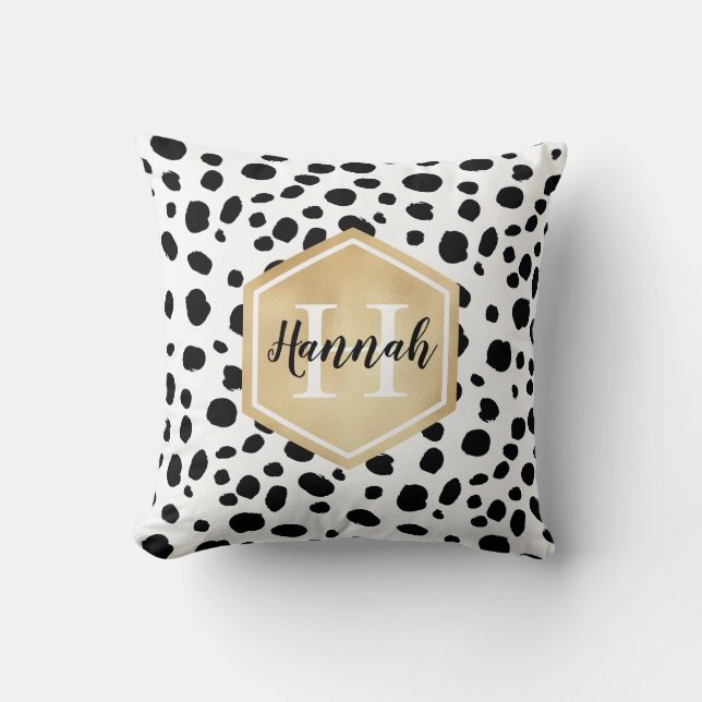 Svartvita fläckar Mönster Guld Monogram Kudde (Framsida)