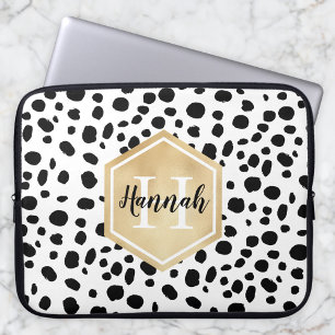 Svartvita fläckar Mönster Guld Monogram Laptop Fodral
