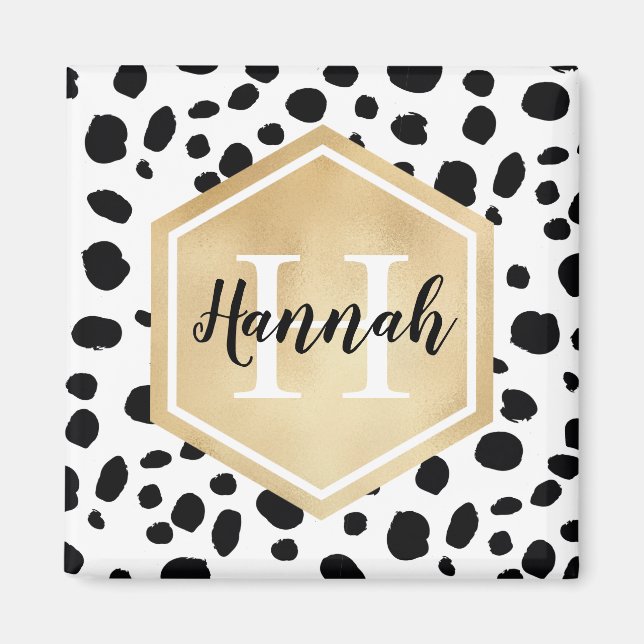 Svartvita fläckar Mönster Guld Monogram Magnet (Framsidan)