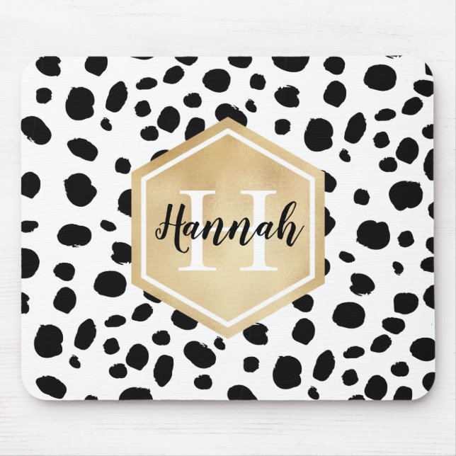 Svartvita fläckar Mönster Guld Monogram Musmatta (Framsidan)