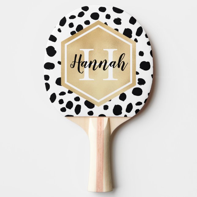 Svartvita fläckar Mönster Guld Monogram Pingisracket (Framsidan)