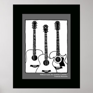 svartvita grafiska akustiska gitarrer poster