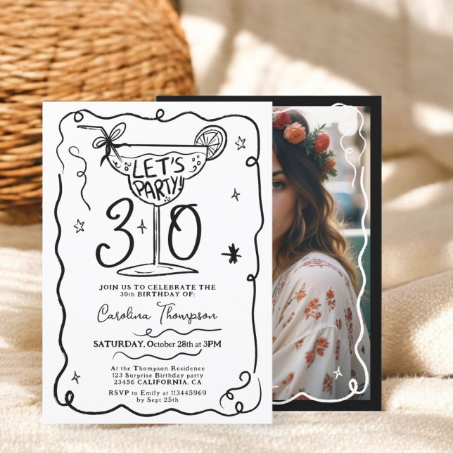 Svartvita, grumliga, vita skript 30 födelsedag inbjudningar (Black white quirky whimsical scribbles 30 birthday invitation)