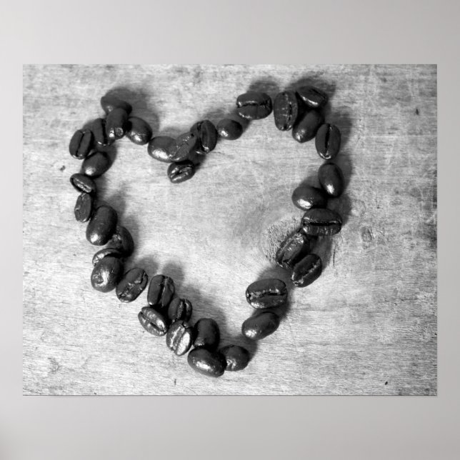 Svartvita Hjärtformade kaffebönor 16 x 20 Poster (Framsidan)