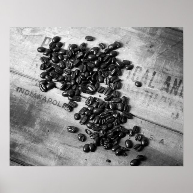 Svartvita kaffebönor på gamla Låda 16 x 20 Poster (Framsidan)