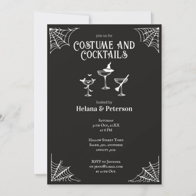 Svartvita kostymer och kocktails Halloween Inbjudningar (Framsida)