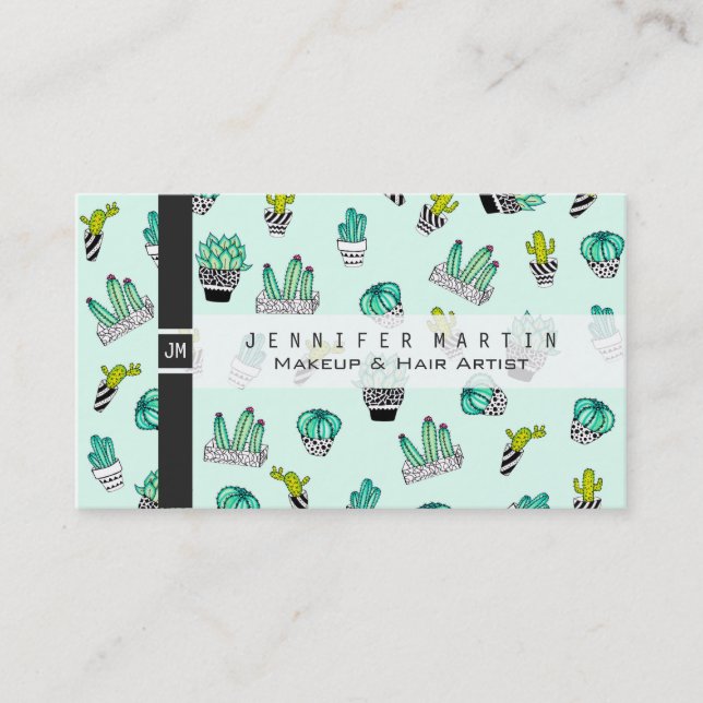 Svartvita krukar för sommarvattenfärgkaktus visitkort (Framsida)