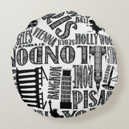 Svartvita kudder världsstäder rund kudde