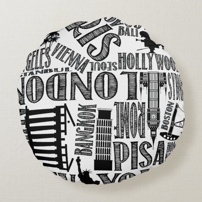 Svartvita kudder världsstäder rund kudde (Baksidan)