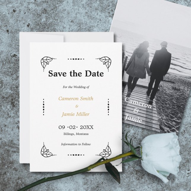 Svartvita Löv Ram Spara datum Inbjudningar (Black & White Leaves Dots Frame Save The Date Invitation)