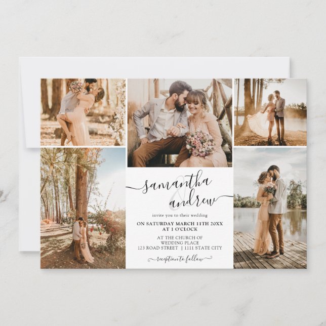 Svartvita minimalistiska skript 6 foton bröllop inbjudningar (Framsida)