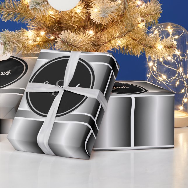 Svartvita och silver monogrammade geometriska kvad presentpapper (Helgdagar)