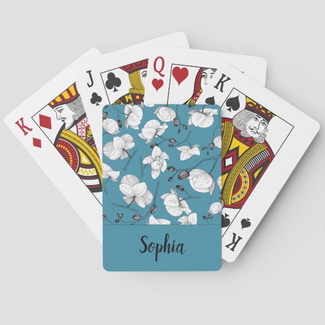 Svartvita orkidéer av elegant med namn-turkos casinokort (Baksidan)