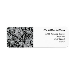 Svartvita paisley returadress etikett